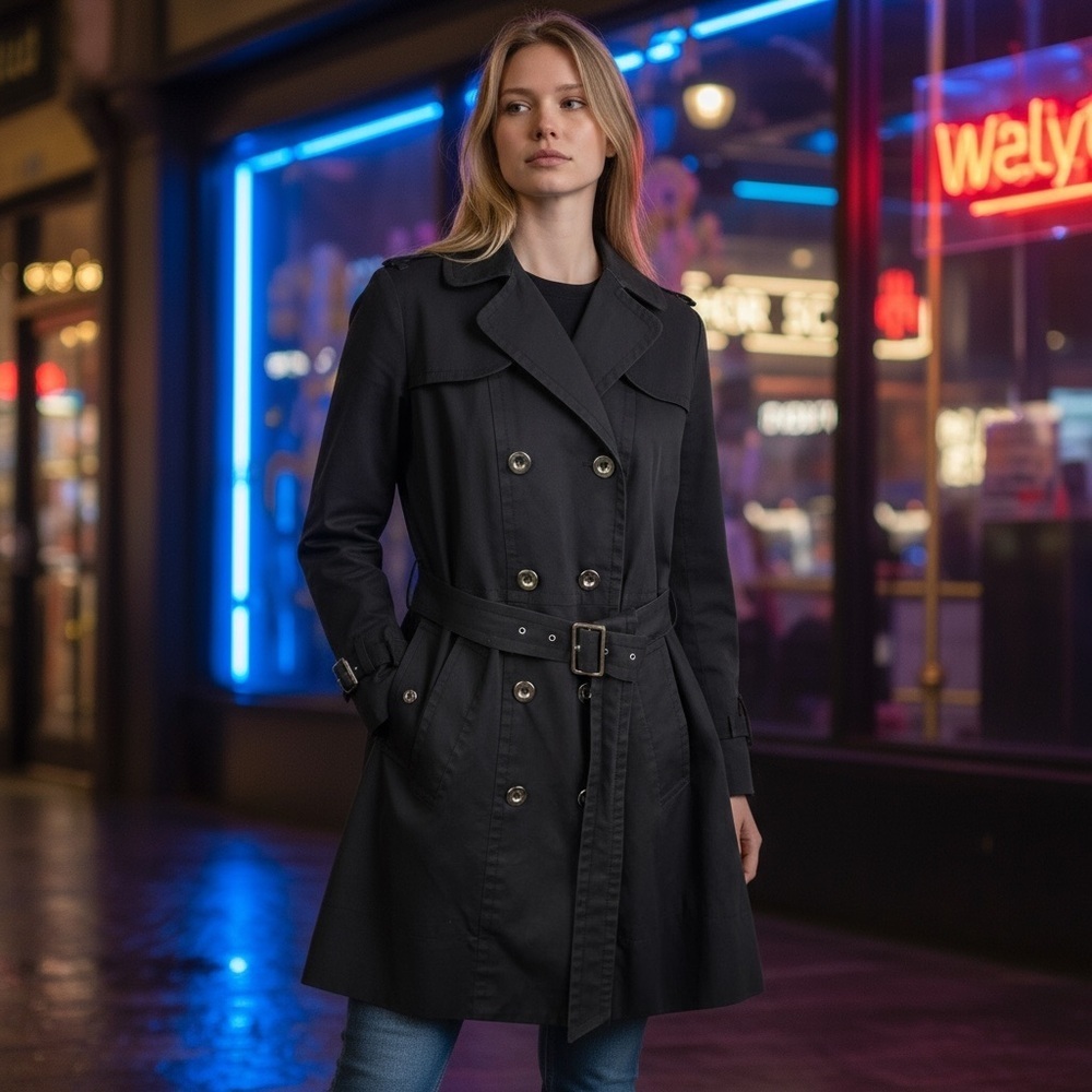 Marc by Marc Jacobs Double Breasted Black Trench Coat Belted Office Work Size M
